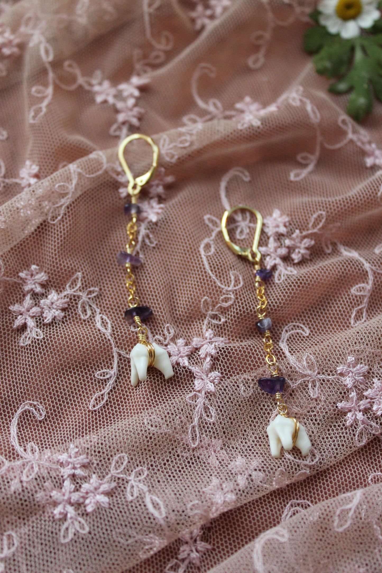 Amethyst Opossum Tooth Drop Earrings GP