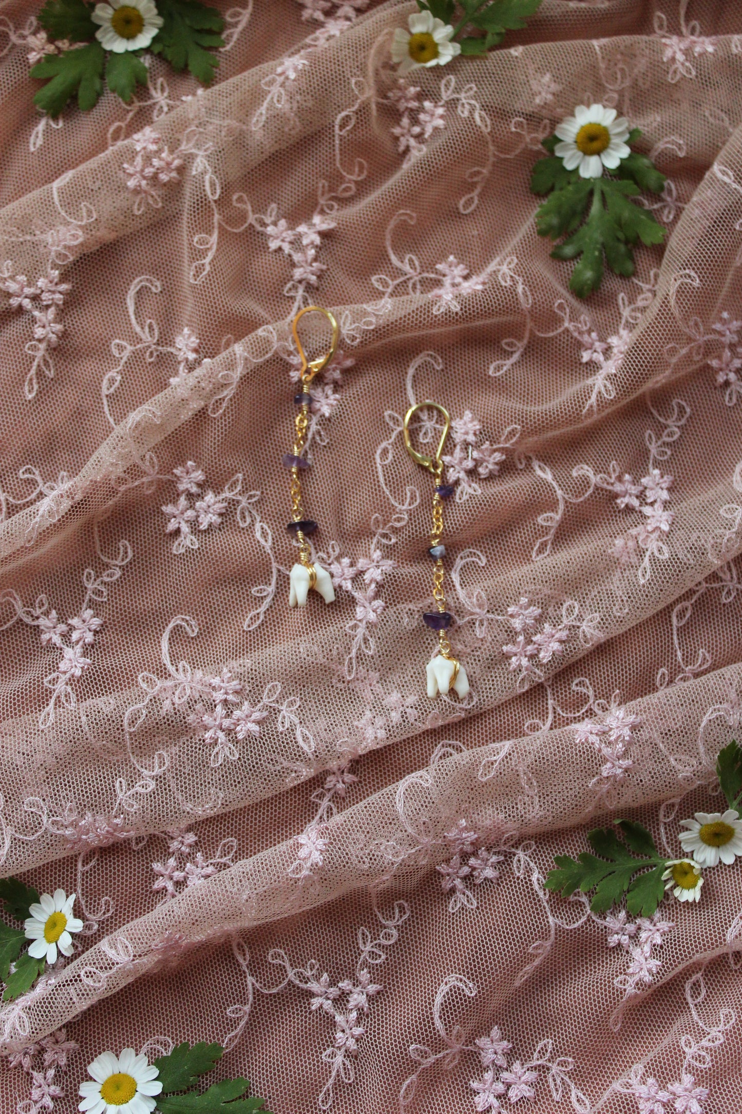 Amethyst Opossum Tooth Drop Earrings GP